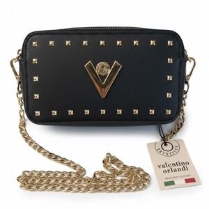 Valentino Orlandi Black Studded Crossbody Bag Gold Chain